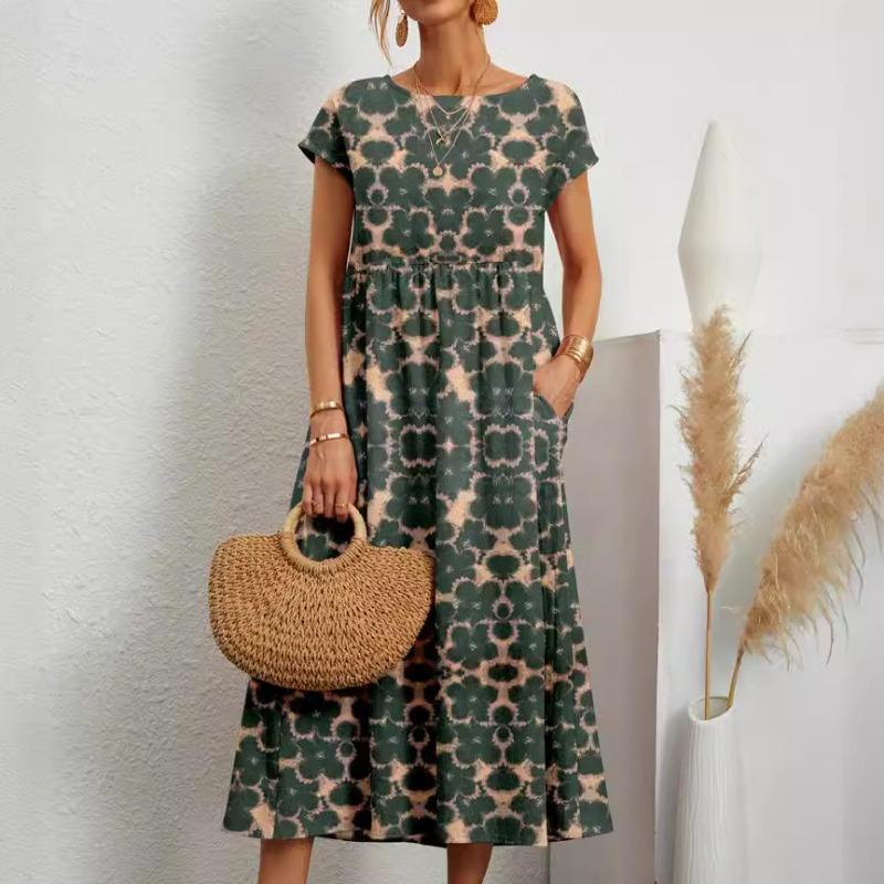 Новая мода Свободное хлопково-льняное платье Женское летнее платье с коротким рукавом и круглым вырезом с принтом Женские элегантные винтажные повседневные платья Lady 24195