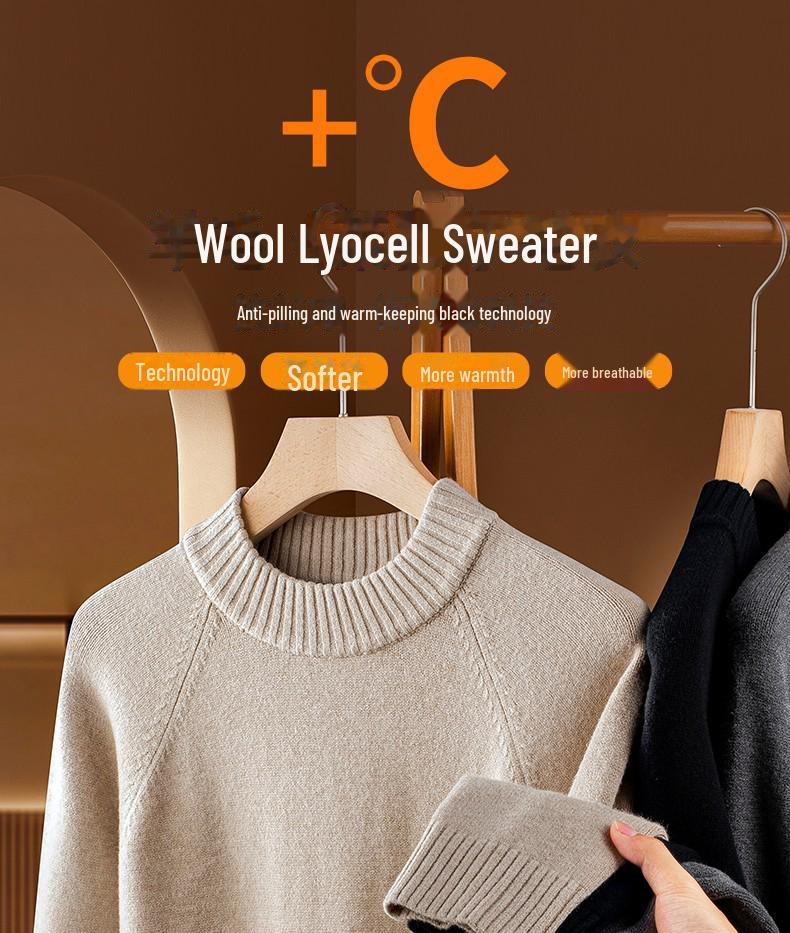 Мужской свитер из высококачественной шерсти и лиоцелла — длинный рукав, полуводолазка, плотный и теплый, на осень/зиму 2024 года.