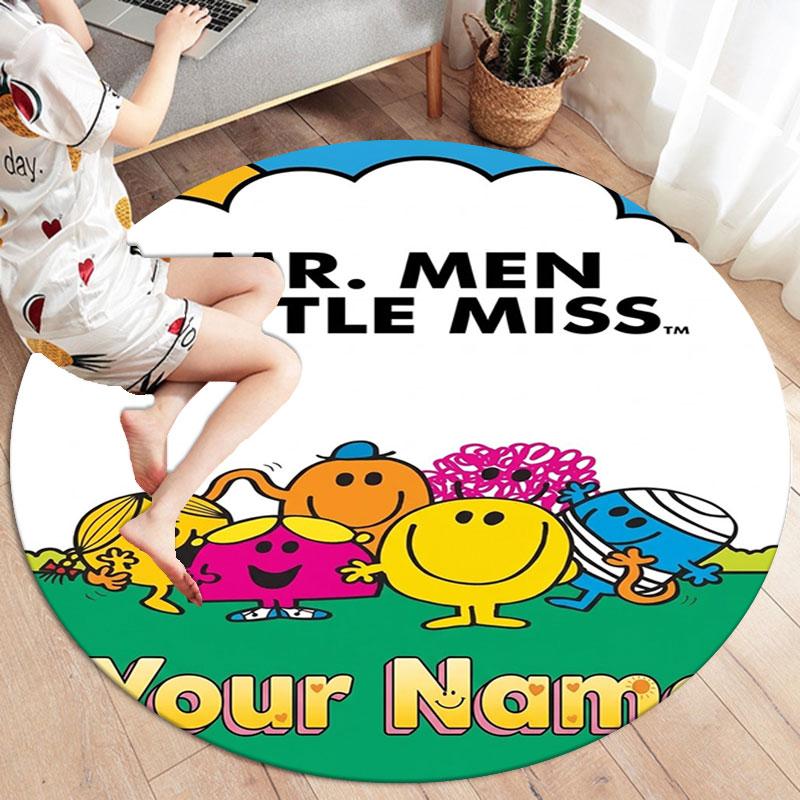 Mr. Men Little Miss Custom Name Round Area Rug,Carpet Rug for Living Room Bedroom Sofa Playroom Decor,Non-slip Floor Mat