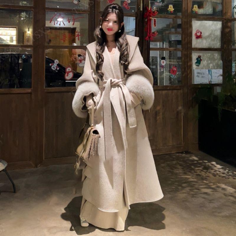 Elegant Faux Fur Sleeve Woolen Jacket With Belt Women Winter Lace Up Long Coats Fashion Office Lady Outerwear High Street