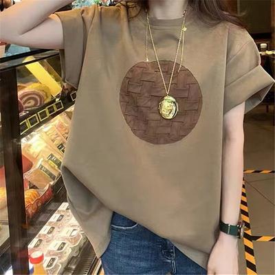 Футболка кофейного цвета с короткими рукавами, женская летняя, новая, средней и длинной длины, из чистого хлопка, большая версия, свободный и простой топ с короткими рукавами