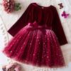 Милое модное платье для девочек, осенне-зимнее детское цельное платье принцессы с длинными рукавами и градиентной сеткой, рождественское красное платье