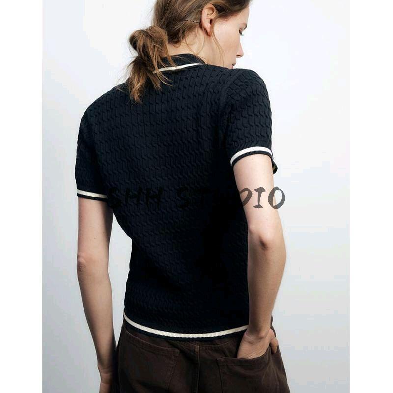 Spring New Women's Clothing Fashion Style Contrast Color Trim Short Sleeve Polo Shirt Collar Sweater Tops 6771054