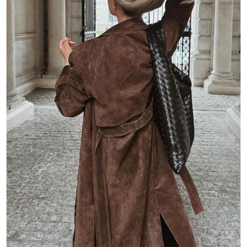 Womens Suede Trench Coat Elegant Khaki Lapel Long Overcoat