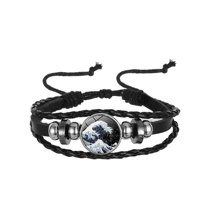 Japanese Wave Leather Bracelet, Ukiyo-e Handwoven Punk Retro Beaded Cord Jewelry