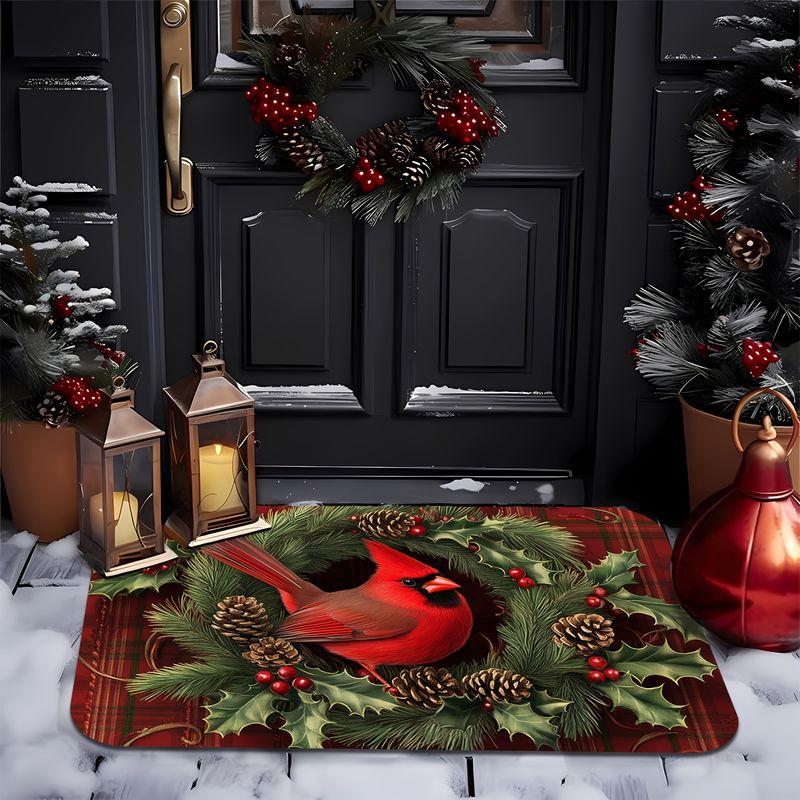 Cardinal Bird Wreath Christmas Door Mat Red Plaid Print Non Slip Rug For Entryway Front Door Indoor Outdoor Decor