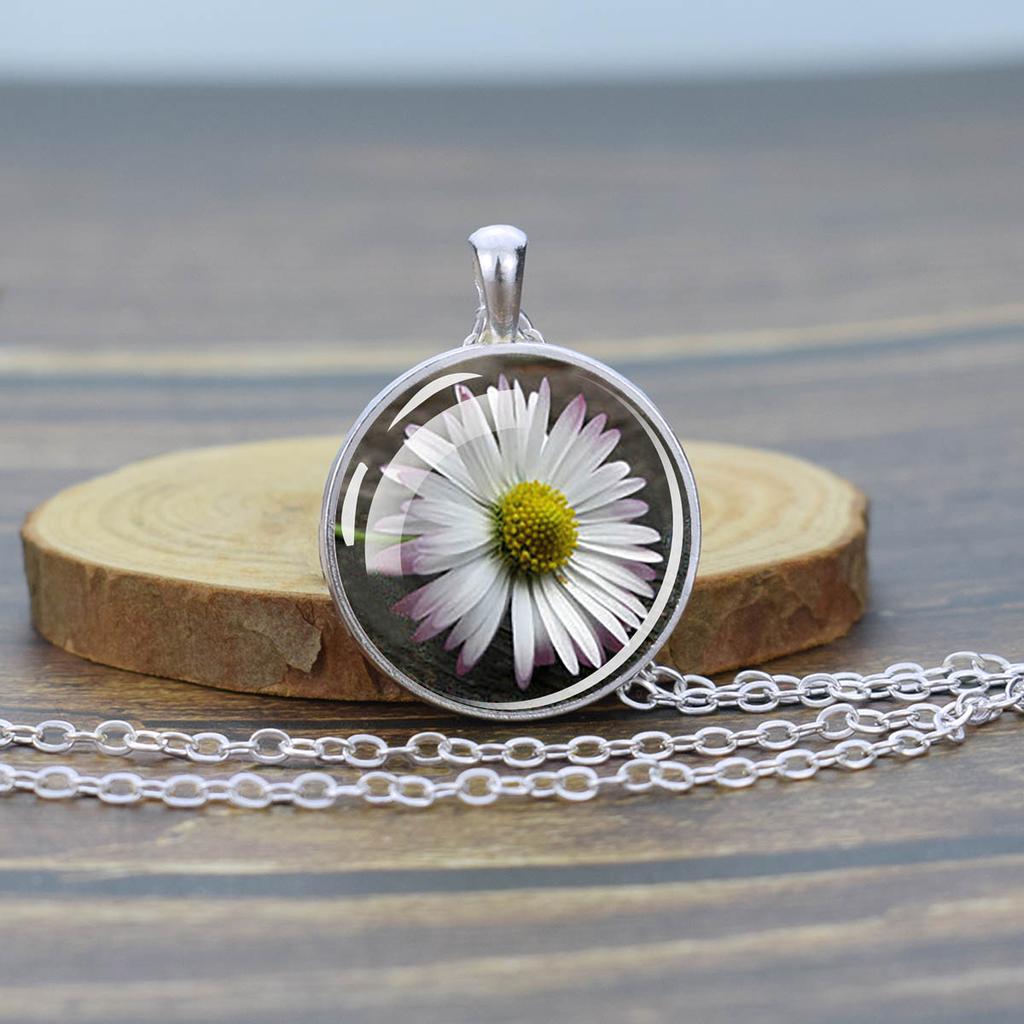 Flower Necklaces Rose Lotus Poppy Cherry Blossoms Sunflower Chains Necklace for Women Glass Cabochon Pendant Jewelry Lover Gift