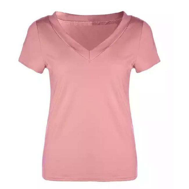 Spring Summer Autumn Solid Color Short Sleeved V-Neck Simple T-Shirt Slim Fit Sexy Temperament Fashionable Top Women'S Clothing