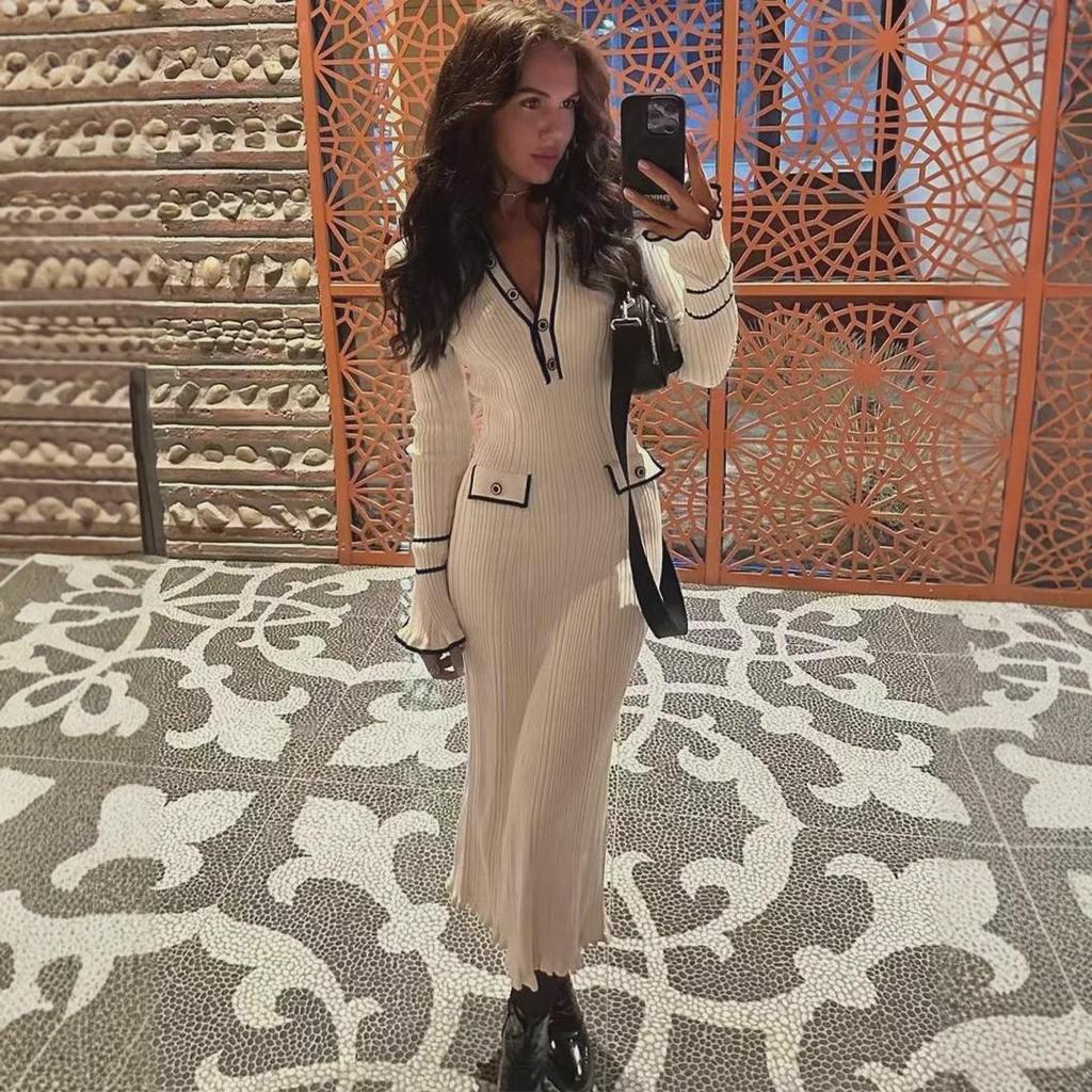 Платье-свитер с оборками в европейском и американском стиле 2025 года — роскошное платье-миди с французскими лацканами на осень/зиму