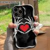Phone Case: 2D flat, suitable for iPhone 18 17 16 15 14 13 12 Pro, featuring a skeleton hand making a heart, perfect Christmas and Halloween holiday g