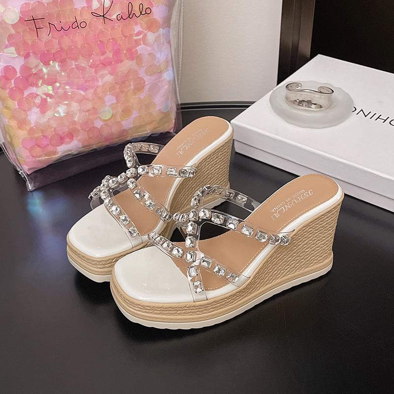 Новая женская обувь стразы прозрачный плетеный пеньковый шнур танкетка высокий каблук крутые шлепанцы темперамент