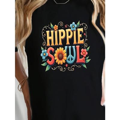 Женская футболка HIPPIE SOUL Винтажная Черная С круглым вырезом С коротким рукавом 60-е 70-е Ретро Цветочный принт Бохо Фестиваль Летняя Узкого кроя Топ