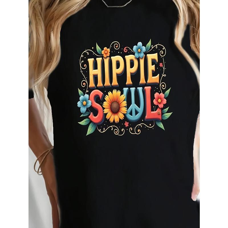 Женская футболка HIPPIE SOUL Винтажная Черная С круглым вырезом С коротким рукавом 60-е 70-е Ретро Цветочный принт Бохо Фестиваль Летняя Узкого кроя Топ