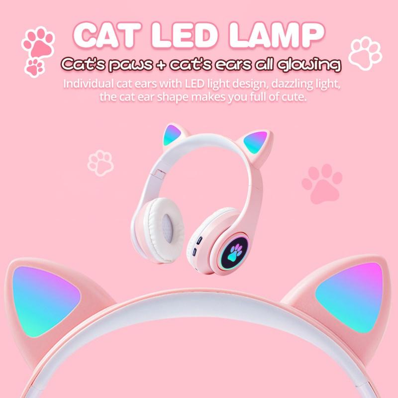 Cute Cat Ear Gaming Headset Wireless Earphone Foldable LED Luminous Noise Bluetooth 5.0 Stereo Bass Headphones With Mic TF FM Kid Girl
