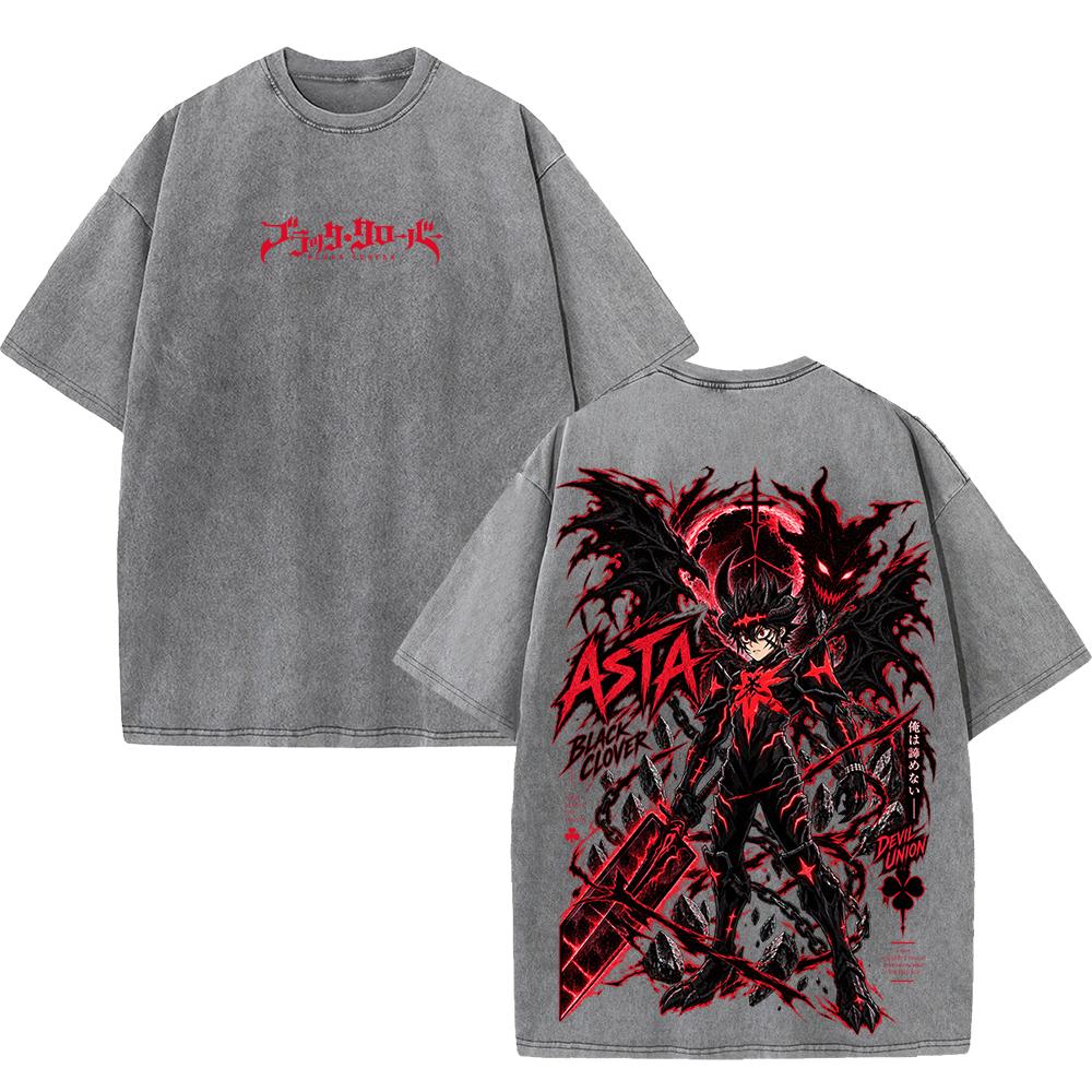 Black Clover Asta Print T-Shirt Vintage Washed Loose Street Style Casual Short Sleeve for Men and Women
