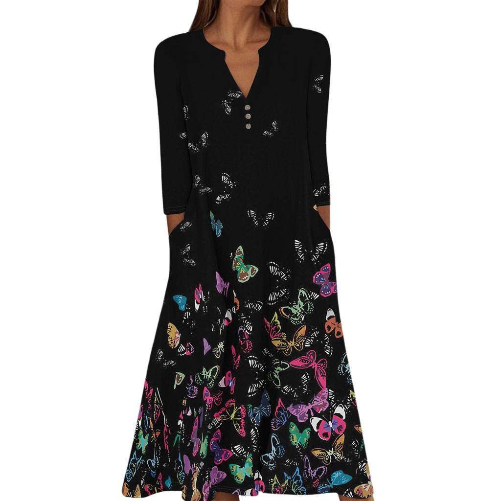 Женское летнее повседневное платье с V-образным вырезом на пуговицах, винтажным цветочным принтом, рукавом три четверти, длинное, с карманами