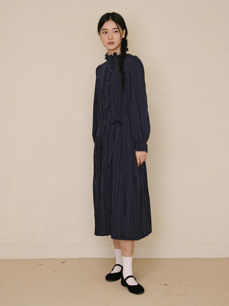 Vincent Navy Dot Pleated Dress_Navy