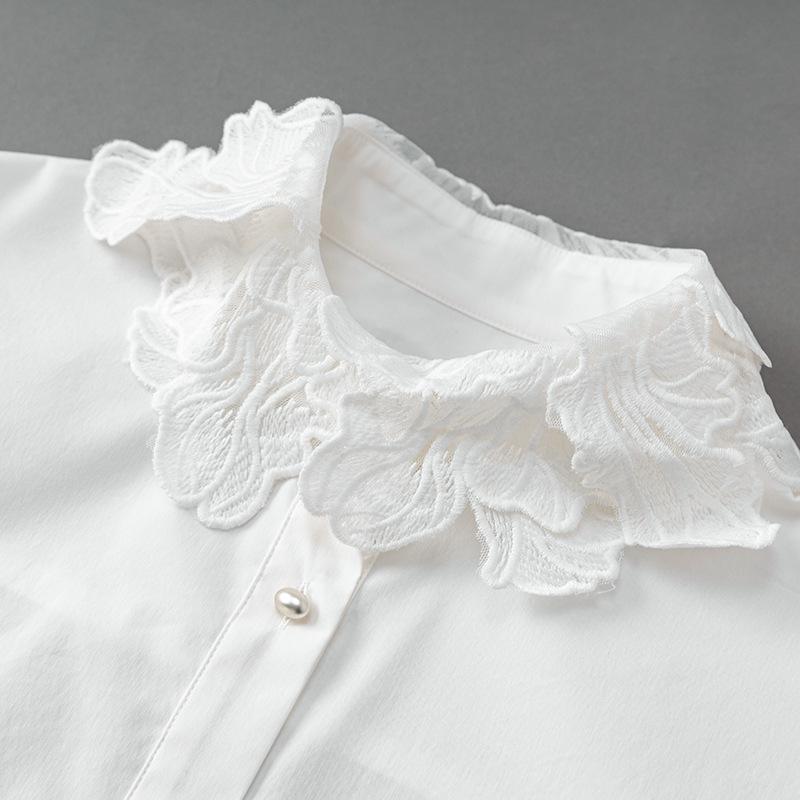 Французская мода Вышитая хлопковая женская рубашка с длинным рукавом и отложным воротником