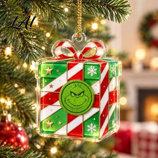 Stained Glass Style Decor Green Elf Christmas Ornament 2D Acrylic Red Bell Tree Candy Cane Gift Box Shaped Double Sided Hanging Decoration