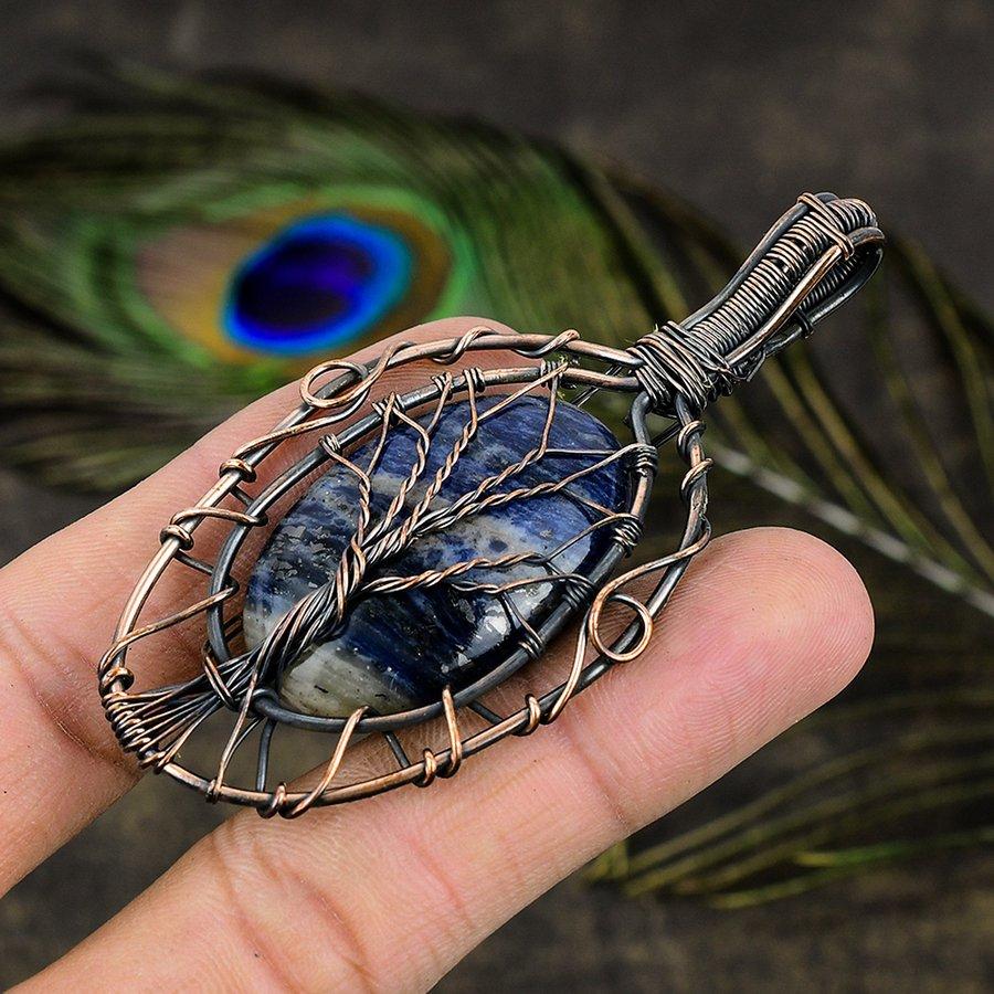 Содалит Ручная работа Медная проволока Обертка Ювелирная подвеска 3,15" S8e60