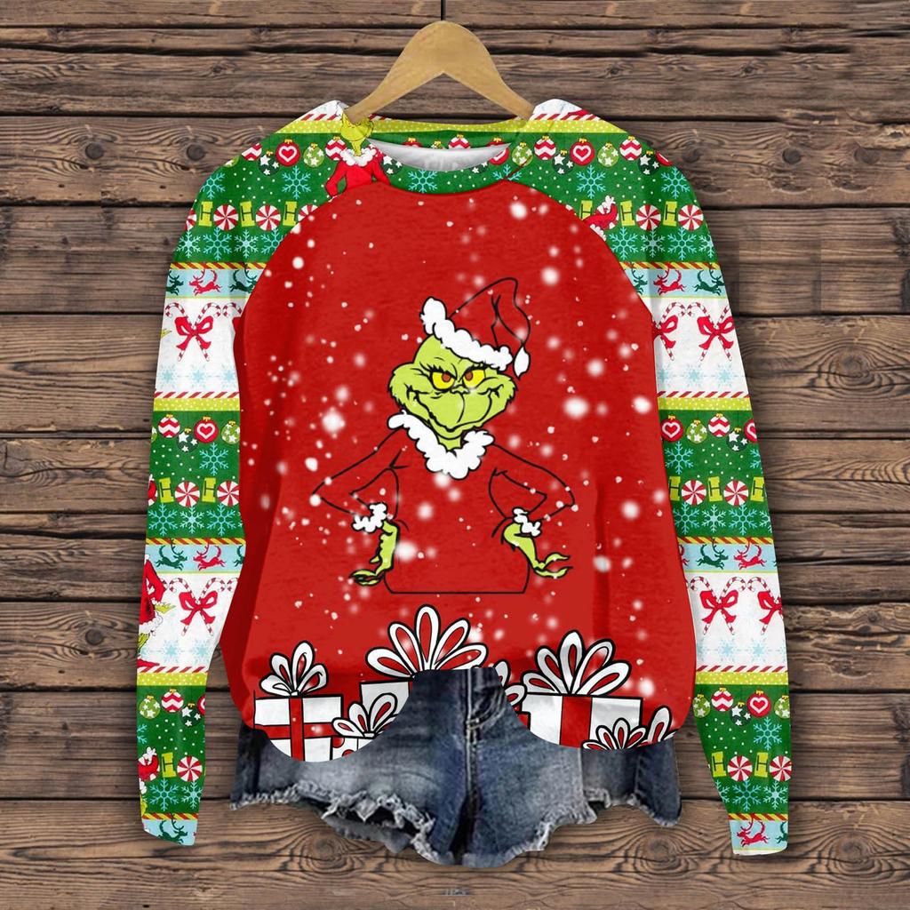 Женская мода повседневная толстовка с длинным рукавом и вставкой на плече с принтом на Хэллоуин с круглым вырезом