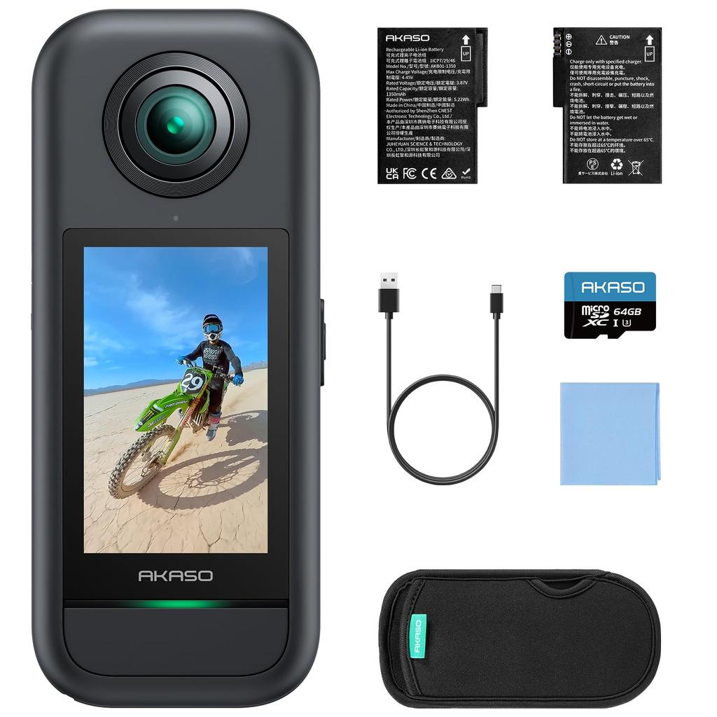 AKASO 360 Action Camera с картой SD 64 ГБ 72 МП Новый уровень 48 МП Суперплавный ИИ Невидимая селфи-палка Длительное время записи - 5,7K 360° Видео, 360°