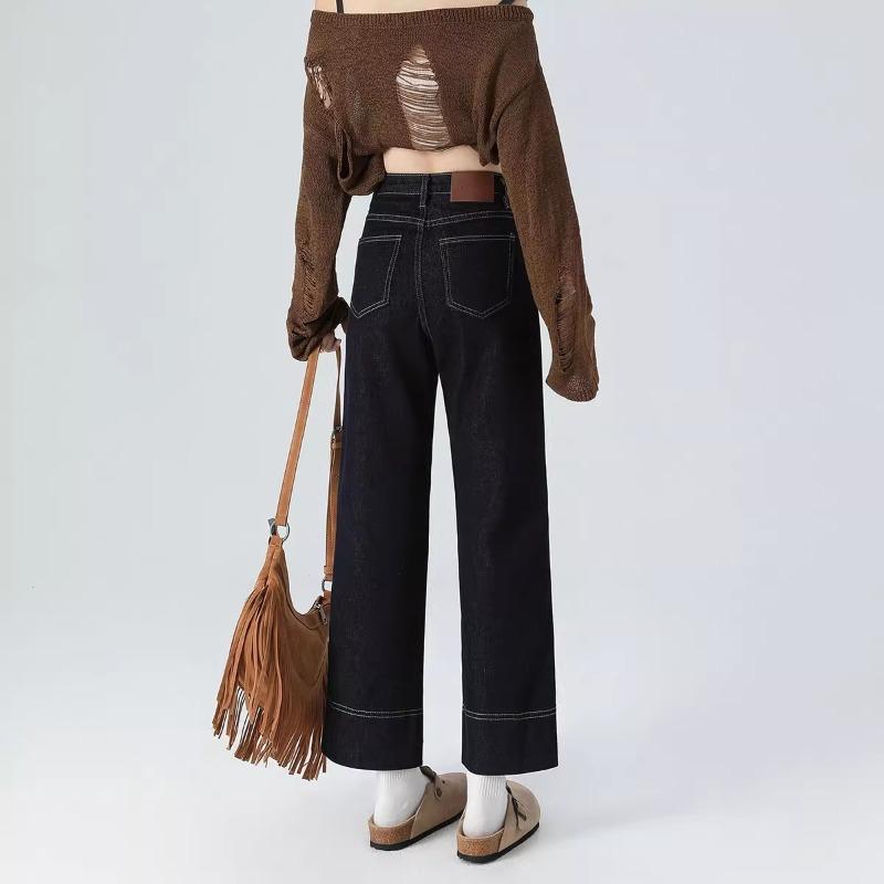 Straight jeans for women, new high-waisted spring and summer denim blue nine-point pipe baguette pants in autumn and winter