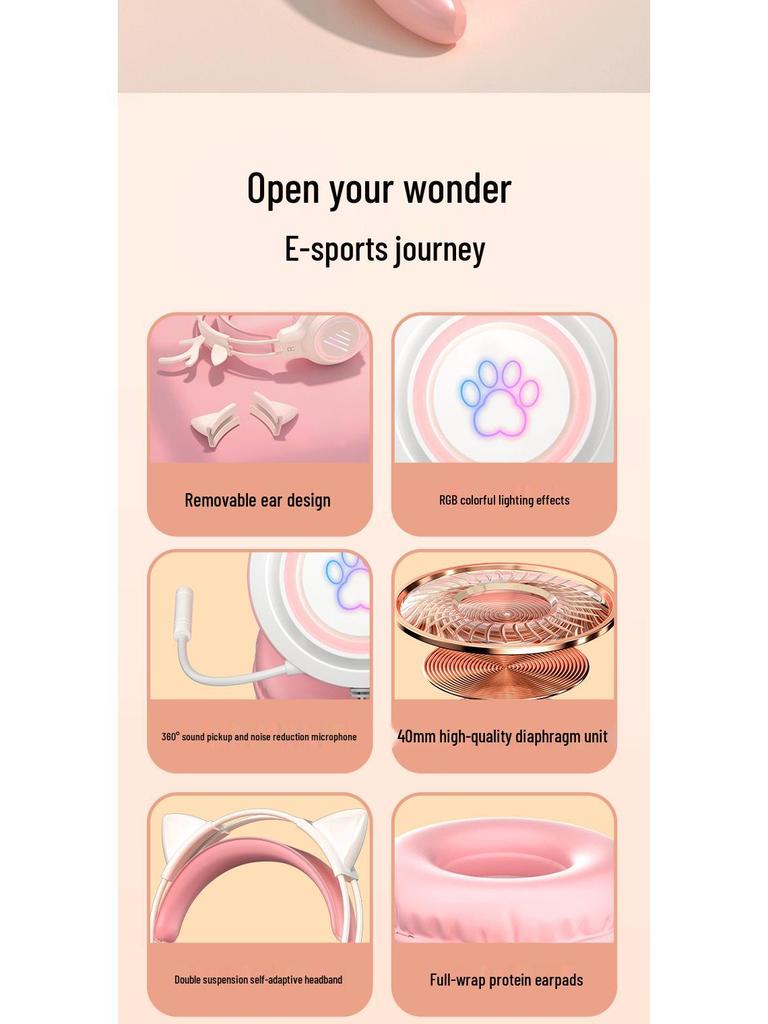 Cat Ear Luminous Wired Gaming Headset for E-Sports