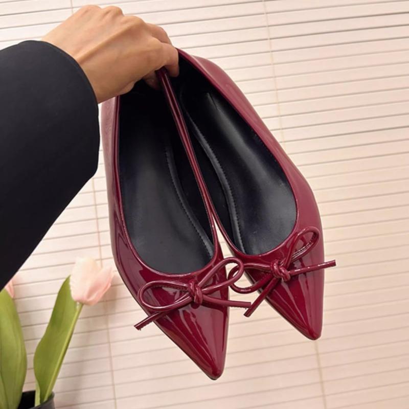Fashion Heightened Inside Patent Leather Flat Single Shoes for Women New Pointed Toe Shallow Bow Soft Sole Shoes for Women
