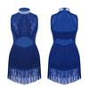 Kids Girls Dance Leotard Sleeveless Mesh Patchwork Sequins Tassel Hem Bodysuit for Latin Jazz Dance