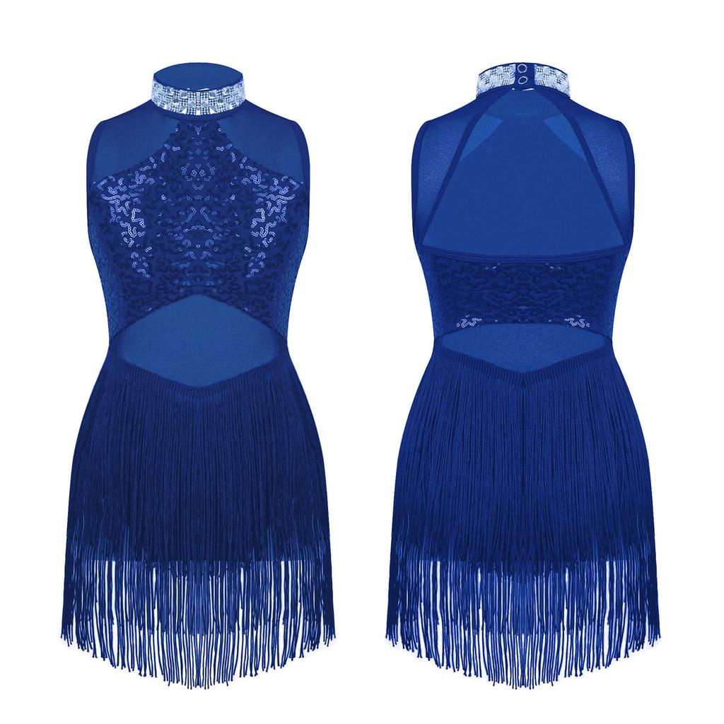 Kids Girls Dance Leotard Sleeveless Mesh Patchwork Sequins Tassel Hem Bodysuit for Latin Jazz Dance