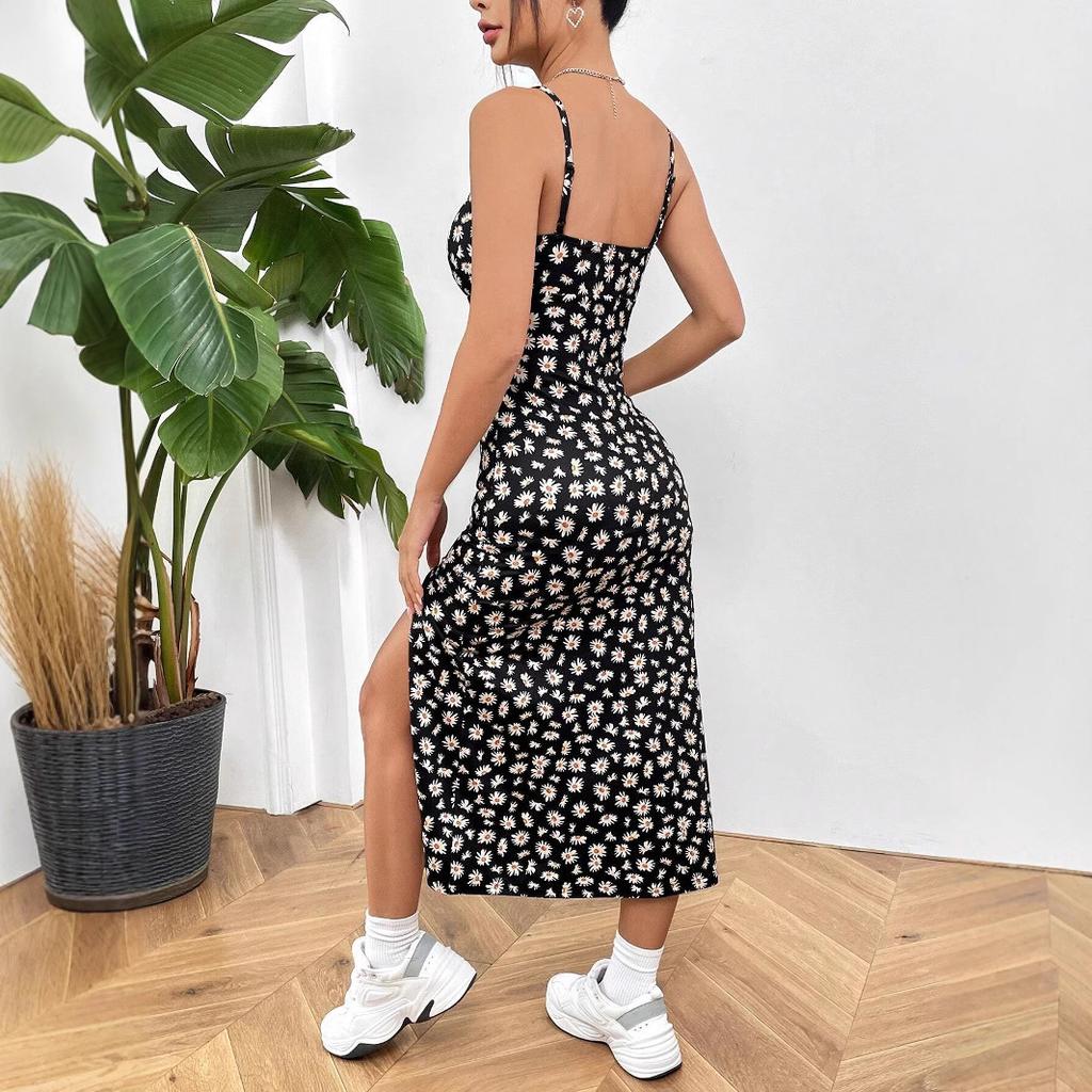 2025 весна лето женское платье с разрезом y2k модное цветочное платье с принтом в стиле бохо облегающее платье без рукавов милое А-силуэта сексуальное синее черное вечернее платье на бретелях