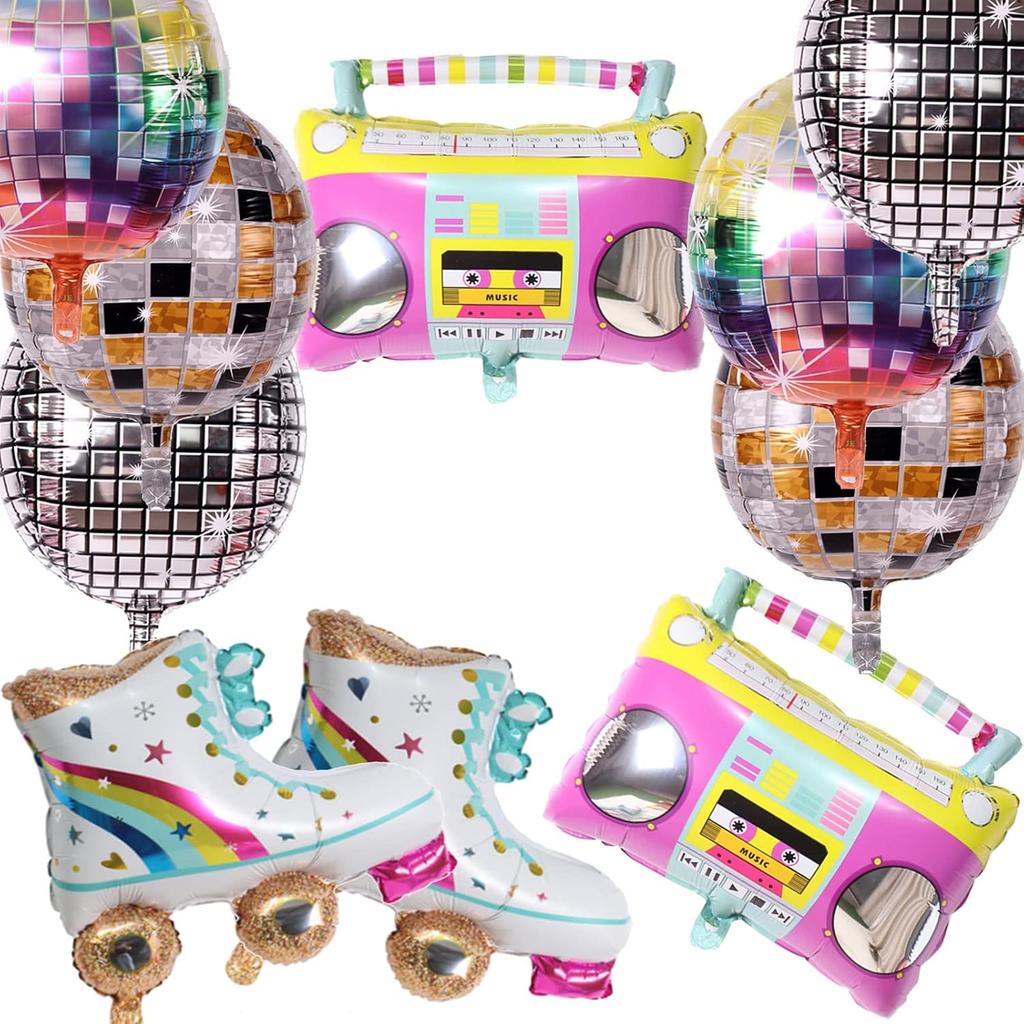 10Pcs 22Inch 4D Rainbow Roller Skate Balloon Boom Box Balloon Disco Foil Balloons 80 90s Retro Themed Birthday Party Decoration