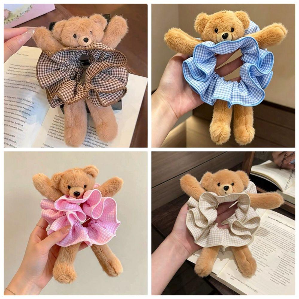 High Elasticity Plush Bear Scrunchies Cute Hair Rope Fashionable Plaid Ponytail Holder Daily