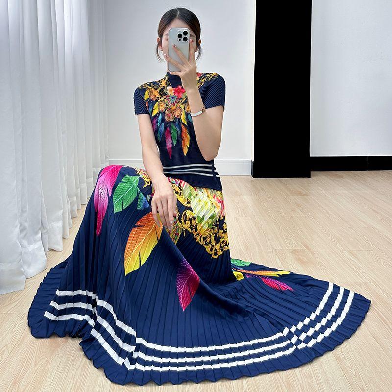 Ретро комплект, летний новый топ с короткими рукавами + плиссированная юбка с принтом, комплект из двух предметов