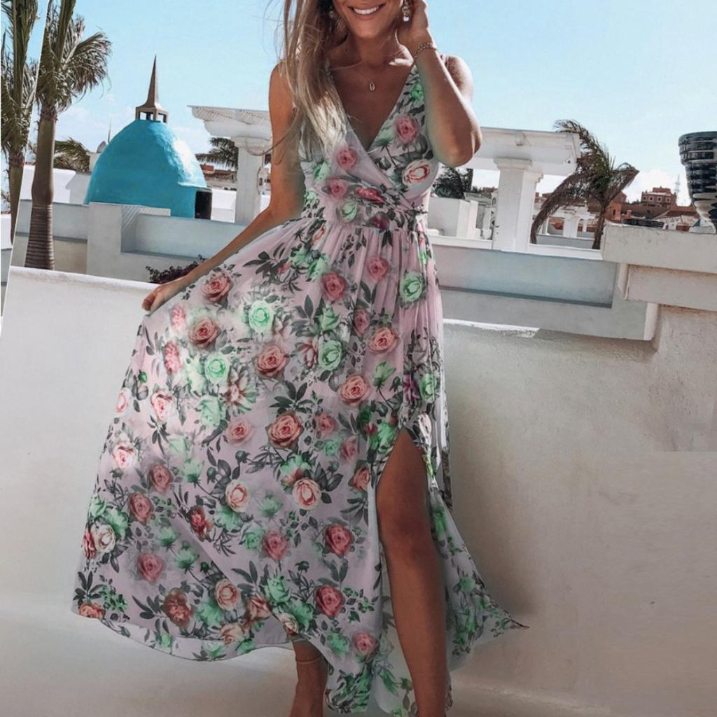 2025 Новое весенне-летнее печатное шифоновое платье без рукавов для отдыха на пляже с разрезом, длинное платье