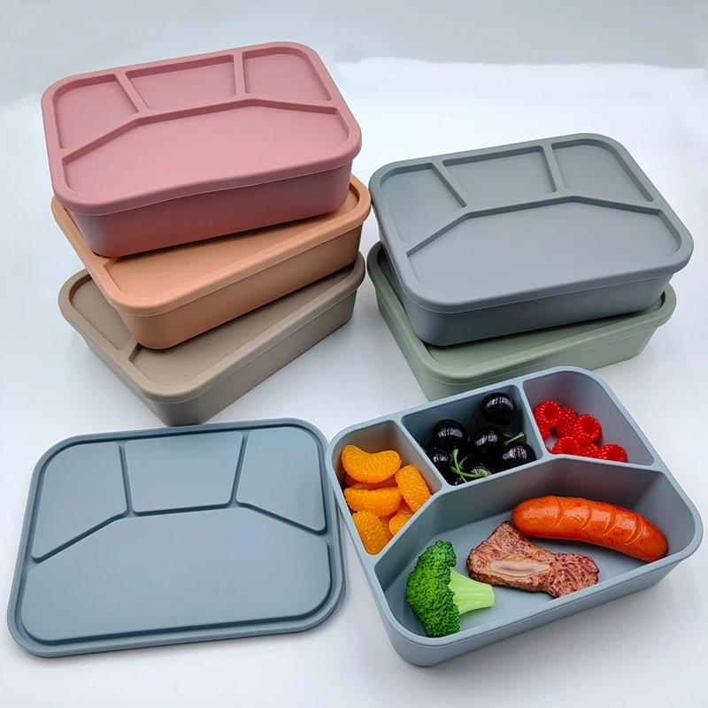 Силиконовый ланч-бокс Bento с четырьмя отделениями Многоразовый силиконовый ланч-бокс Утолщенный и герметичный Пищевой Разделенный ланч-бокс Для школы