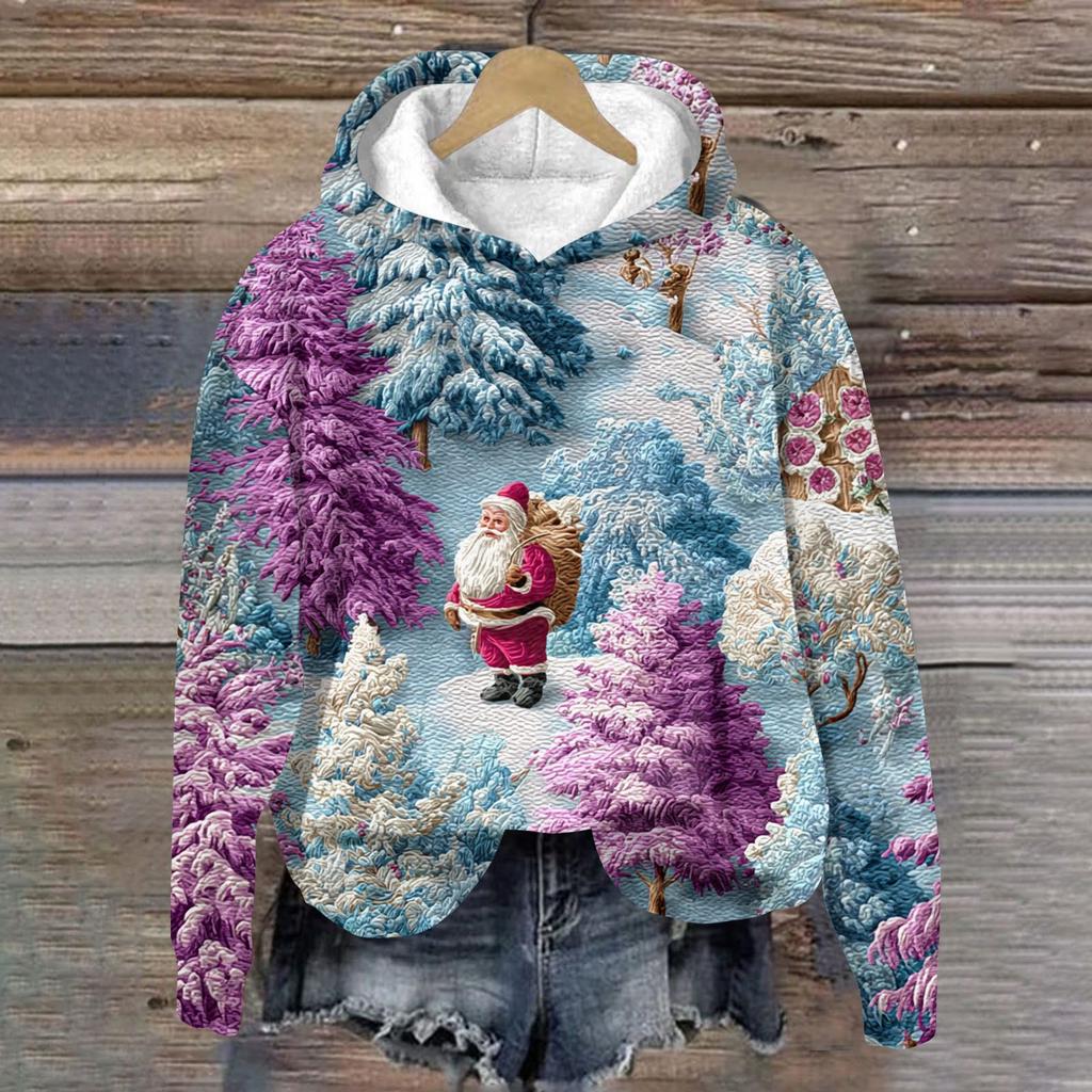 Women's Fashion Long Sleeve Christmas Print Loose Hooded Sweatshirt Top