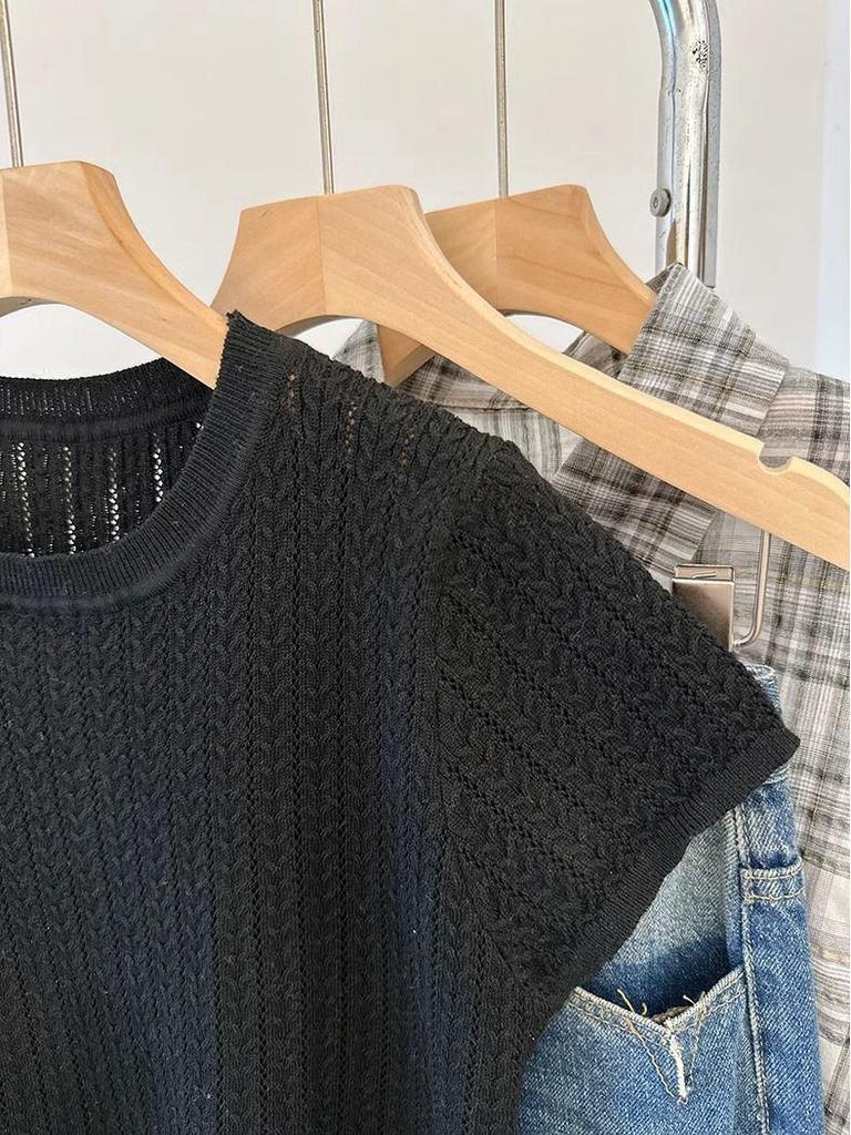 Женский топ с коротким рукавом в корейском стиле, вязаный ажурным узором, весна/лето 2025