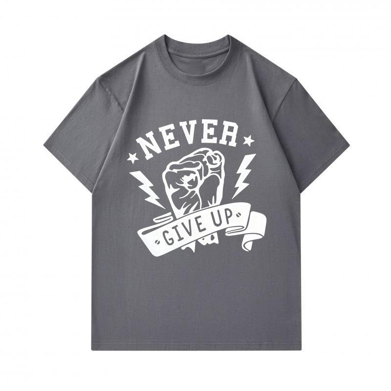 Men's 100% Cotton Crew Neck Short Sleeve T-Shirt, Never Give Up Fist Lightning Motivational Print Casual Breathable Summer Tee for Daily Wear