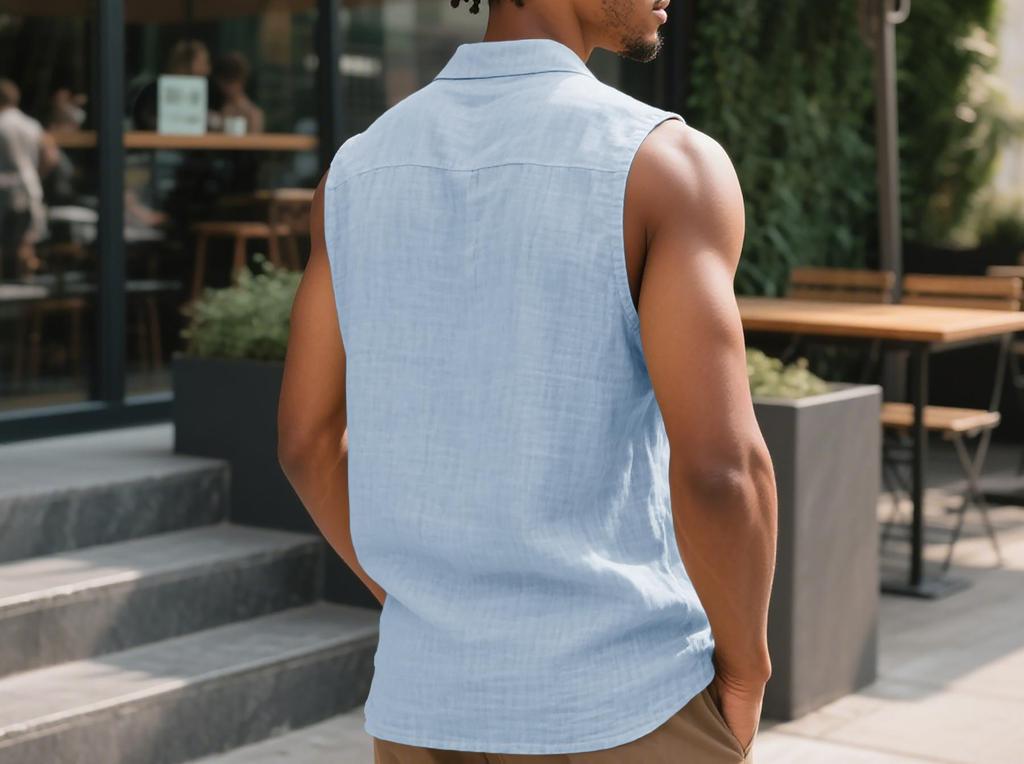 European Men's Casual Sleeveless Linen Lapel Shirt