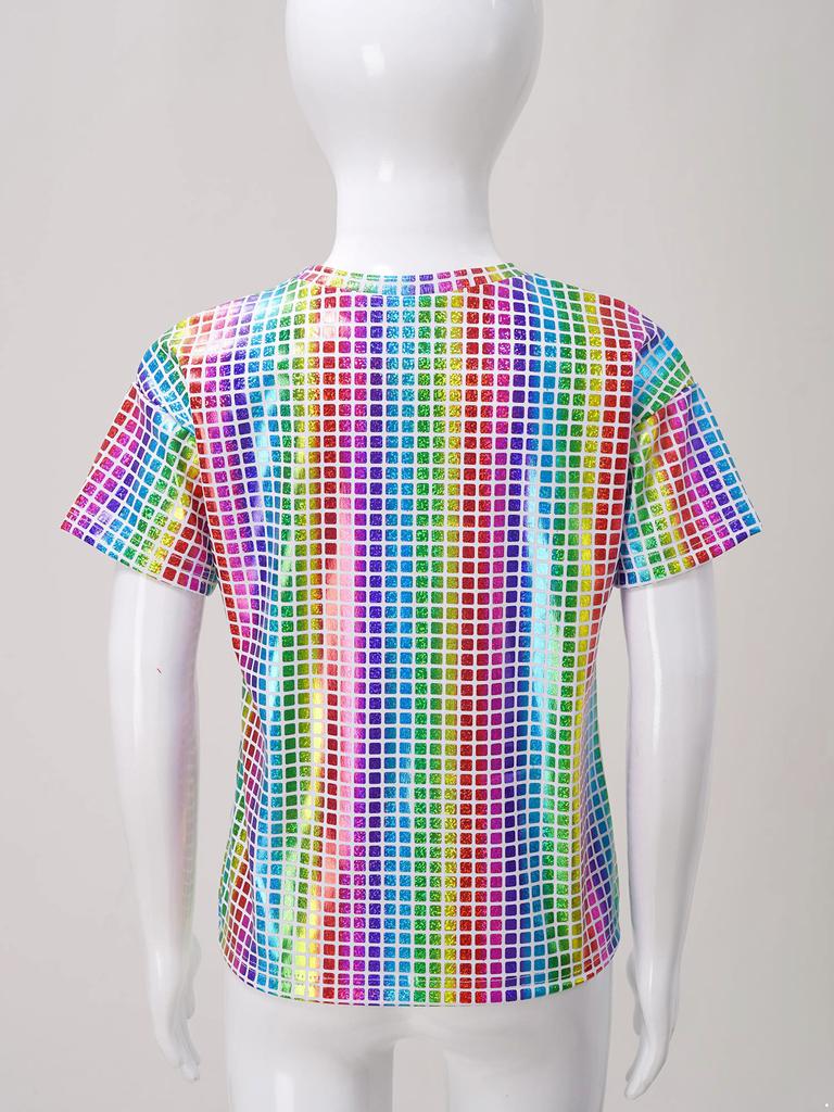 Мальчики Девочки Блестящая Клетчатая Футболка Унисекс Детские Футболки с Коротким Рукавом Топы Чирлидинг Уличные Танцы Хор Сценическое Выступление