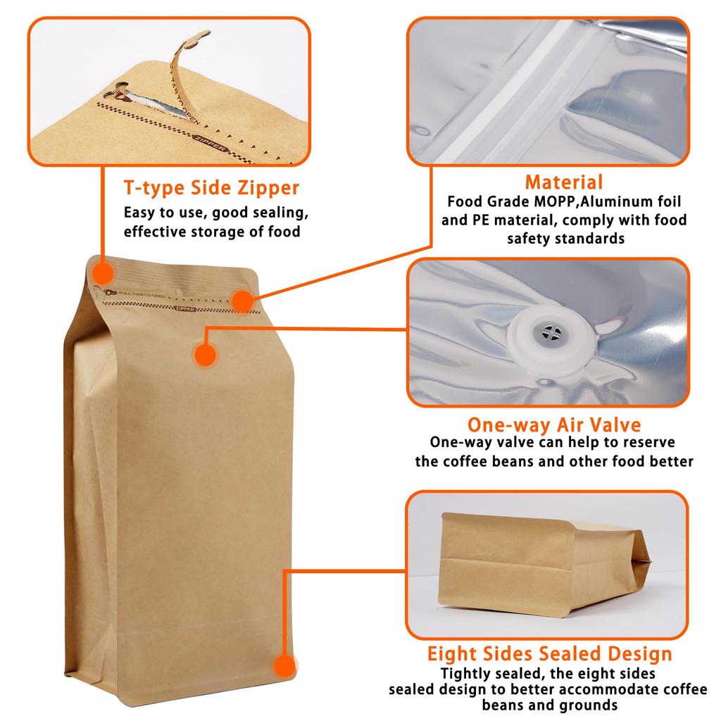 Coffee Bags with Valve 50 PCS 16oz 1lb Kraft Paper High Barrier Aluminum Foil Flat Bottom Standing Pouches Reusable Heat Seal Side Zipper