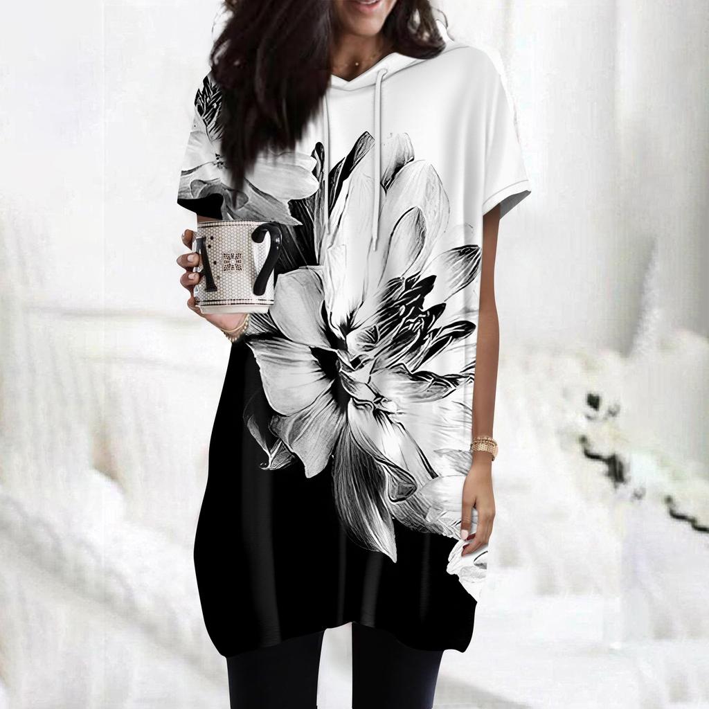 Women's  Hoodies Casual Short Sleeve Shirts Fashion Print Tunic Tops With Pockets