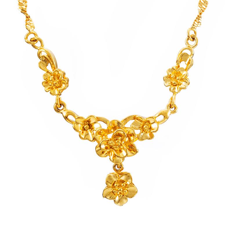 24k Gold Plated Women's Flower Necklace, Vietnamese Sand Gold Bridal Wedding Necklace, Brass Gold Plated Clavicle Necklace for Women
