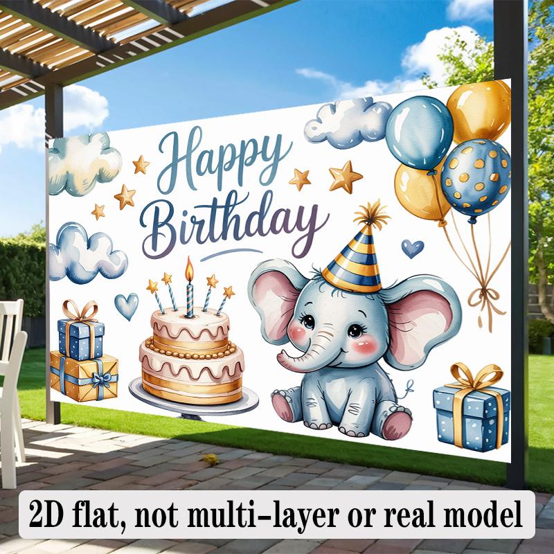 Happy Birthday Elephant Theme, 1pc Polyester Party Backdrop Banner, Photo Booth Background, Wall Decor