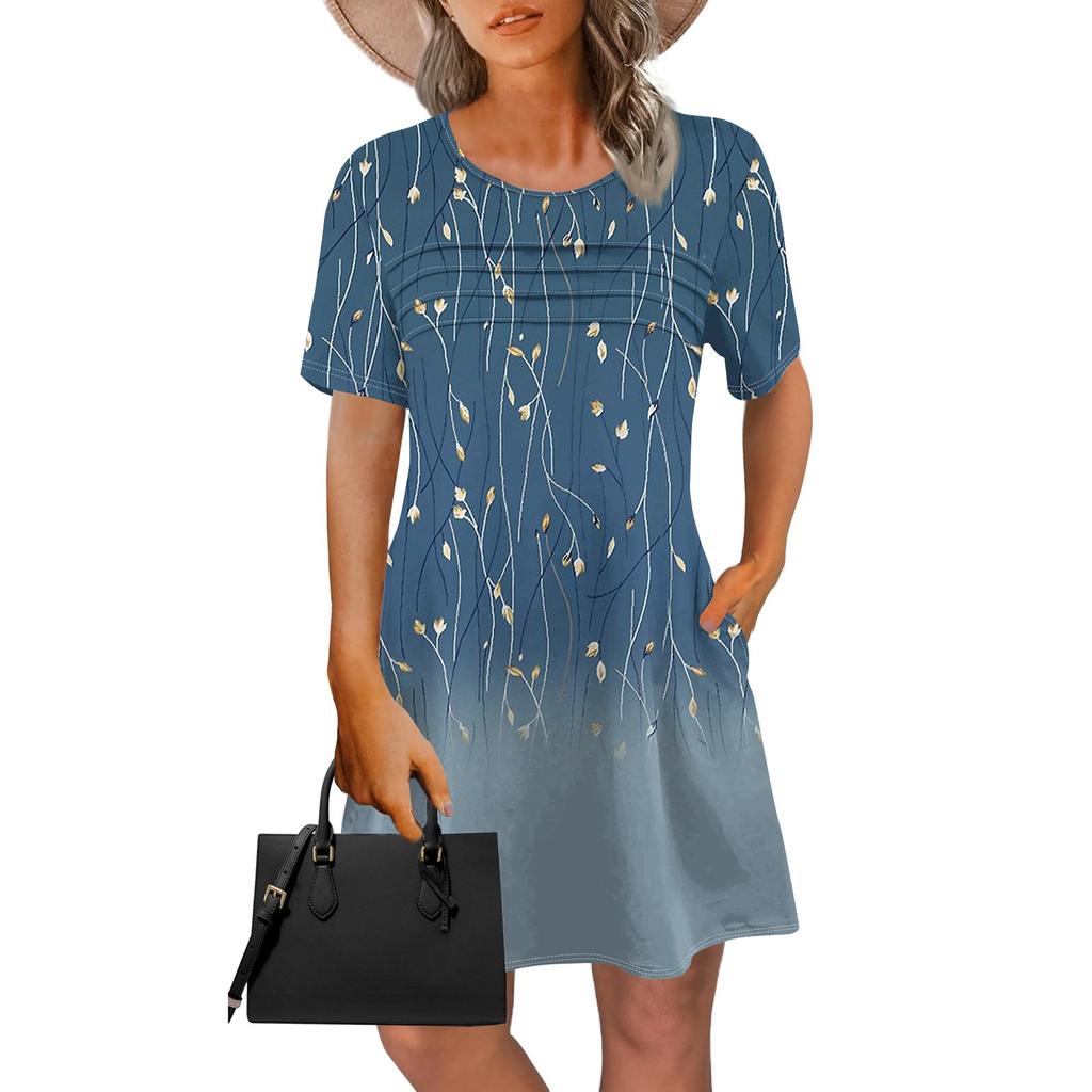 Женское летнее винтажное платье с цветочным принтом, повседневное платье с коротким рукавом и круглым карманом