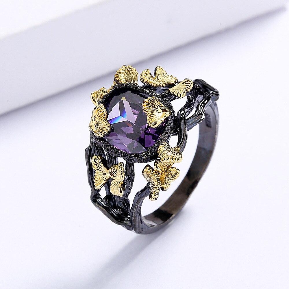 Exquisite Ring for Women Black Gold Jewelry Purple Shiny Bright Zircon Ring Butterfly Flower Ring Party Jewelry Wedding Bridal Jewelry