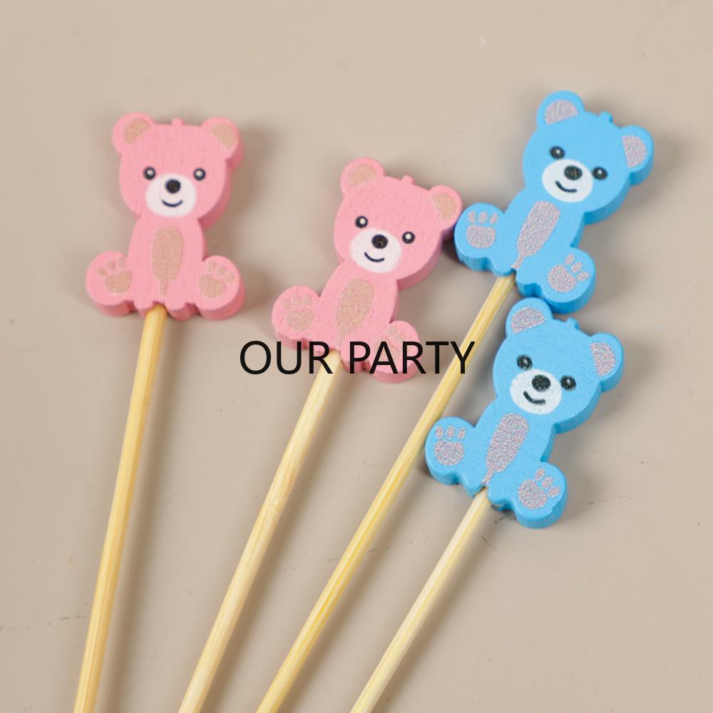 100Pcs Colorful Bear Theme Bamboo Fruit Forks Gender Reveal Buffet Dessert Pick for Kids Birthday Baby Shower Party Decoration 5