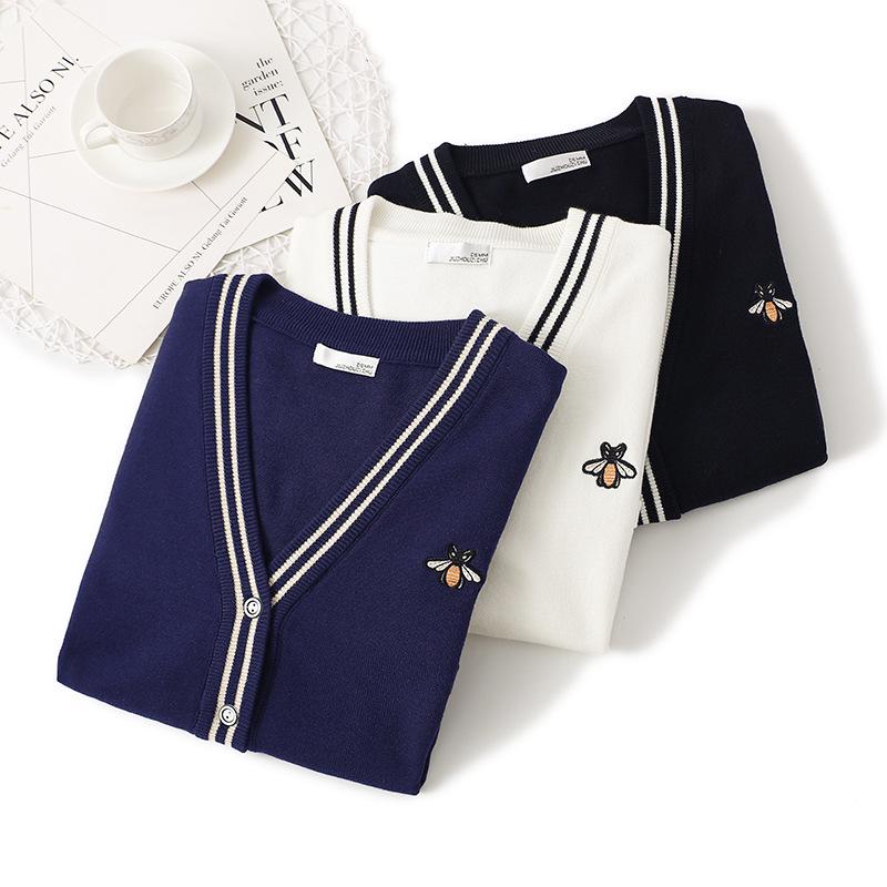 Осенне-зимний женский свитер с вышивкой пчелы, вязаный топ, кардиган, свитер